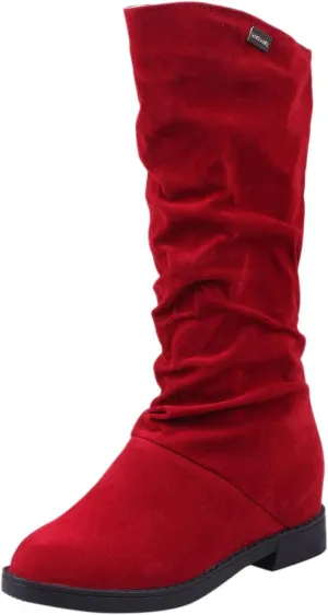 Suede Wide Calf Boots for Women Knee High Boots Soft Winter Autumn MidSolid Warm Boots Classic Footwear Women (Red, 8.5)