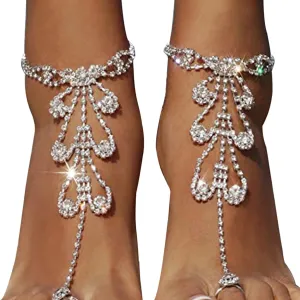 Summer Barefoot Sandals with Foot Chain Jewelry, Crystal Toe Ring Anklets & Bridal Rhinestone Foot Chain for Women (Silver)