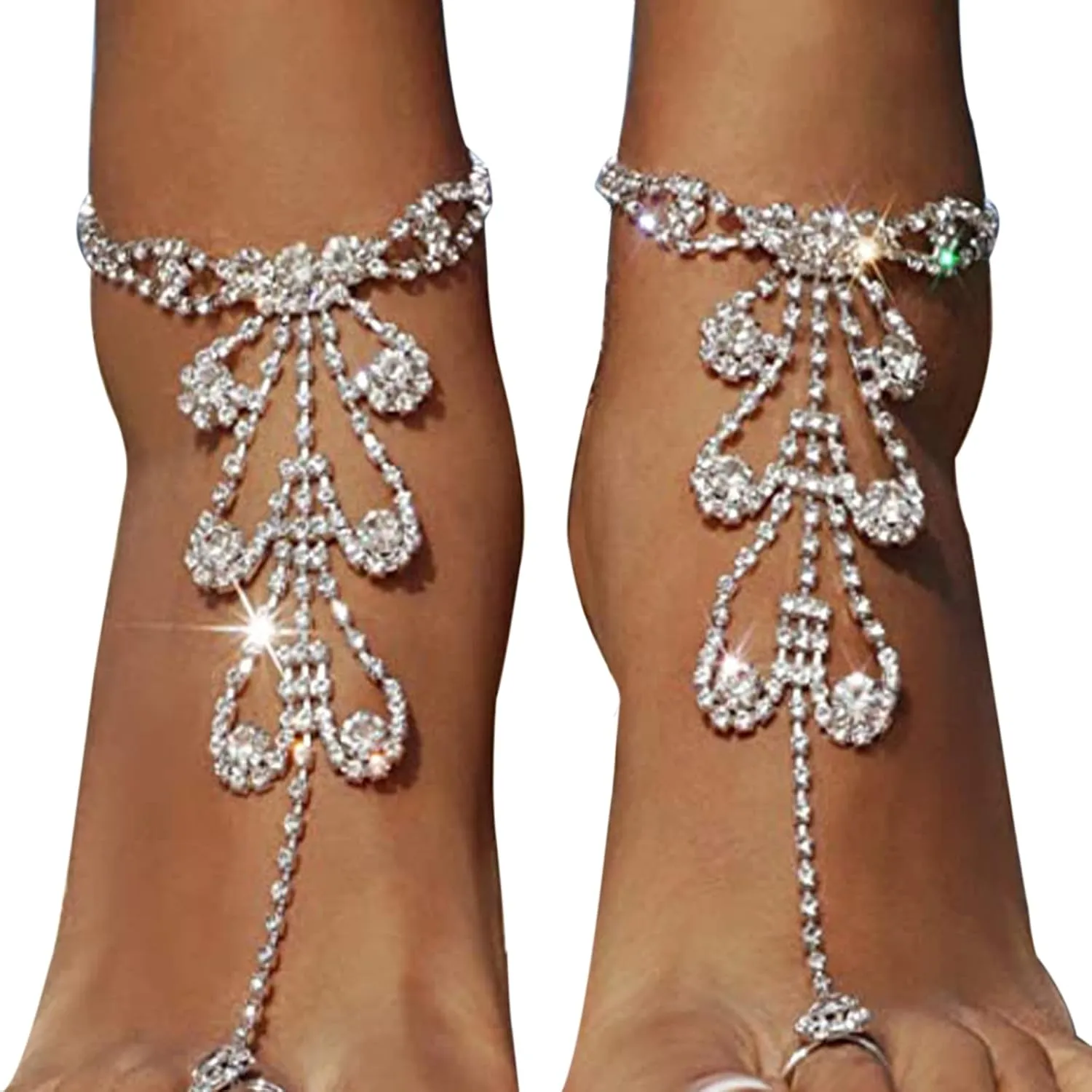 Summer Barefoot Sandals with Foot Chain Jewelry, Crystal Toe Ring Anklets & Bridal Rhinestone Foot Chain for Women (Silver)