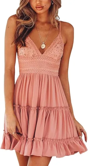 Summer Dresses for Women 2025 V-Neck Spaghetti Strap Bowknot Backless Sleeveless Sexy Lace Mini Swing Skater Dress