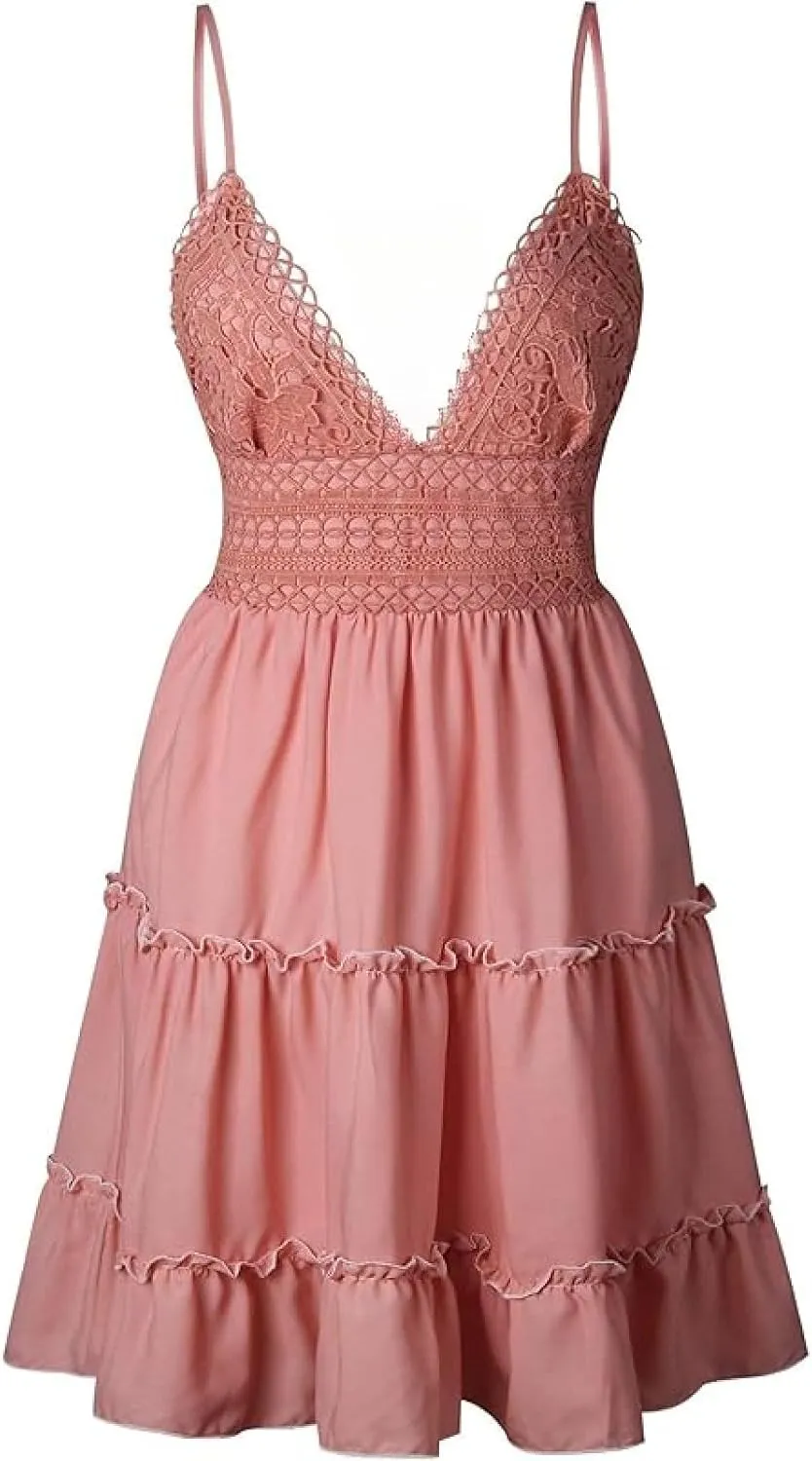 Summer Dresses for Women 2025 V-Neck Spaghetti Strap Bowknot Backless Sleeveless Sexy Lace Mini Swing Skater Dress