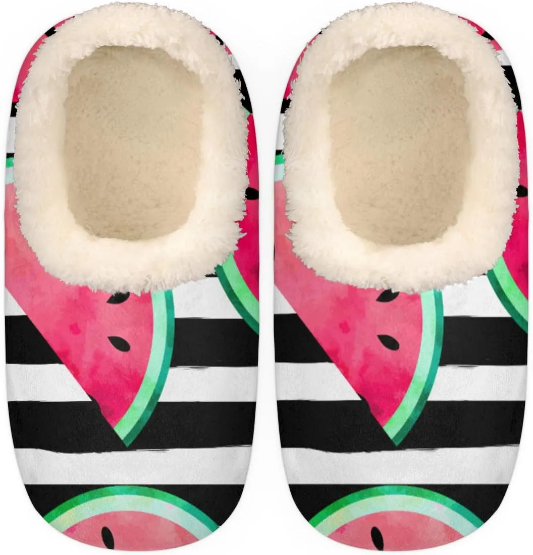 Summer Fruit Women's Slippers, Watermelon Stripe Soft Cozy Plush Lined House Slipper Shoes Indoor Non-Slip Slippers for Women Girls Boys Teenager