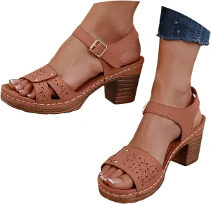 Summer Low Chunky Block Heeled Sandals For Women 2025 Platform Fashion Casual Hollow Out Open Toe Low Heel Breathable Sandals Comfortable Dressy Arch Support Ankle Strap Wedge Shoes