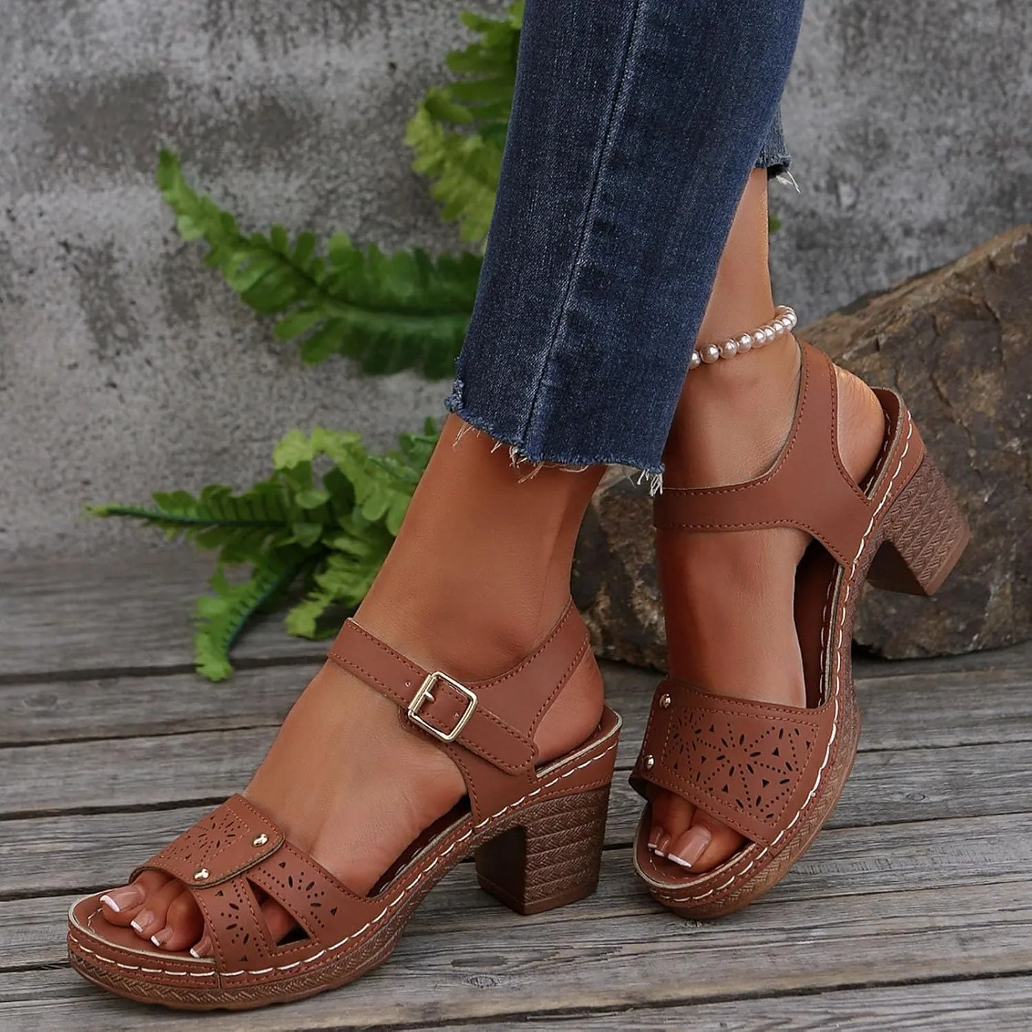Summer Low Chunky Block Heeled Sandals For Women 2025 Platform Fashion Casual Hollow Out Open Toe Low Heel Breathable Sandals Comfortable Dressy Arch Support Ankle Strap Wedge Shoes