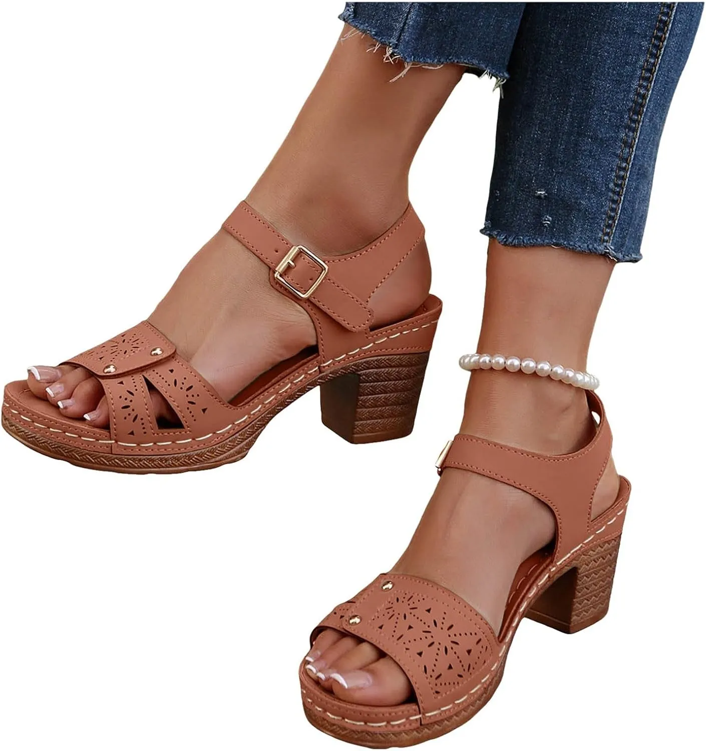 Summer Low Chunky Block Heeled Sandals For Women 2025 Platform Fashion Casual Hollow Out Open Toe Low Heel Breathable Sandals Comfortable Dressy Arch Support Ankle Strap Wedge Shoes