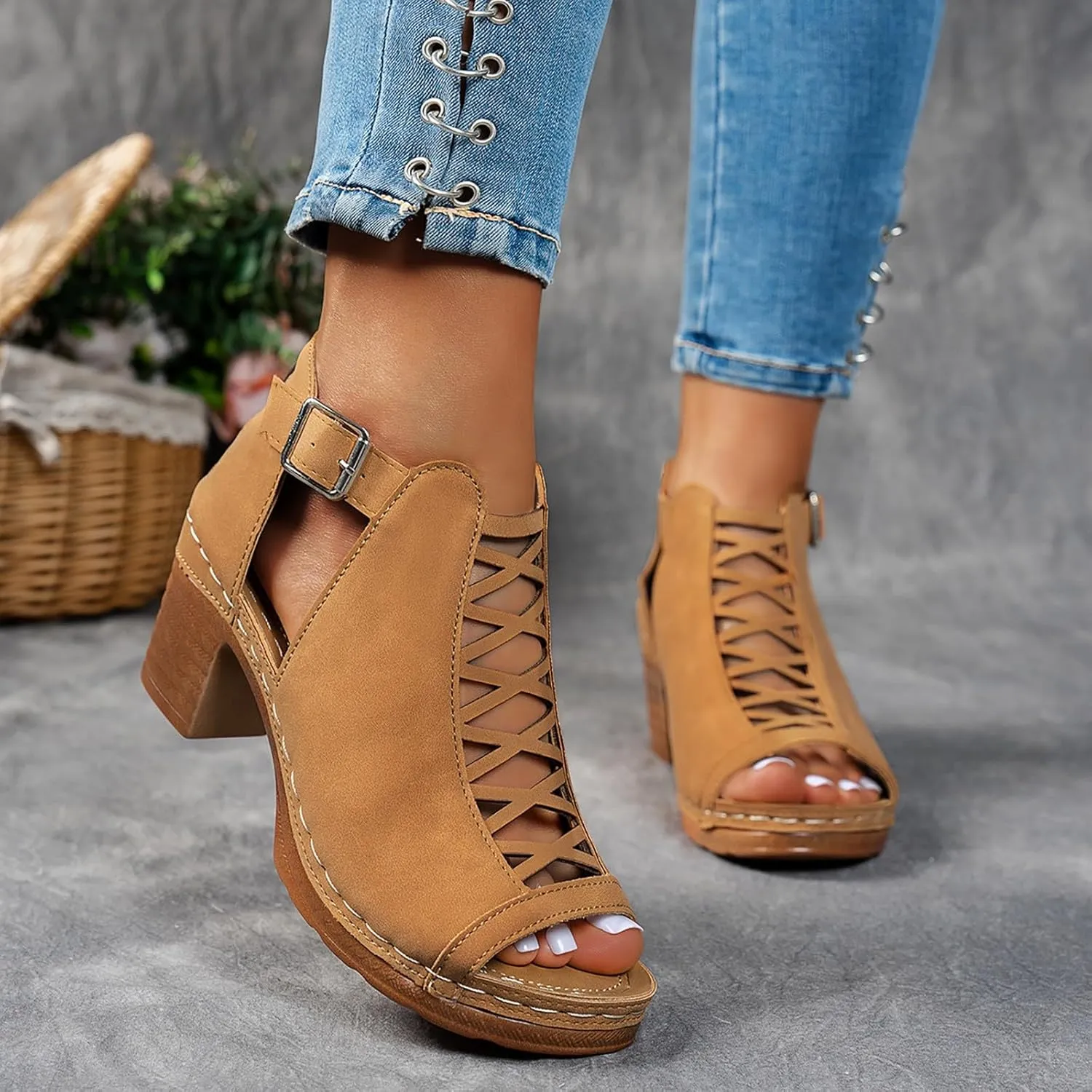 Summer Sandals for Women 2025 Trendy Dressy Fashion Open Toe Heel Sandal Chunky Heels Adjustable Straps Ankle Strap Zipper Back High Heel Sandals