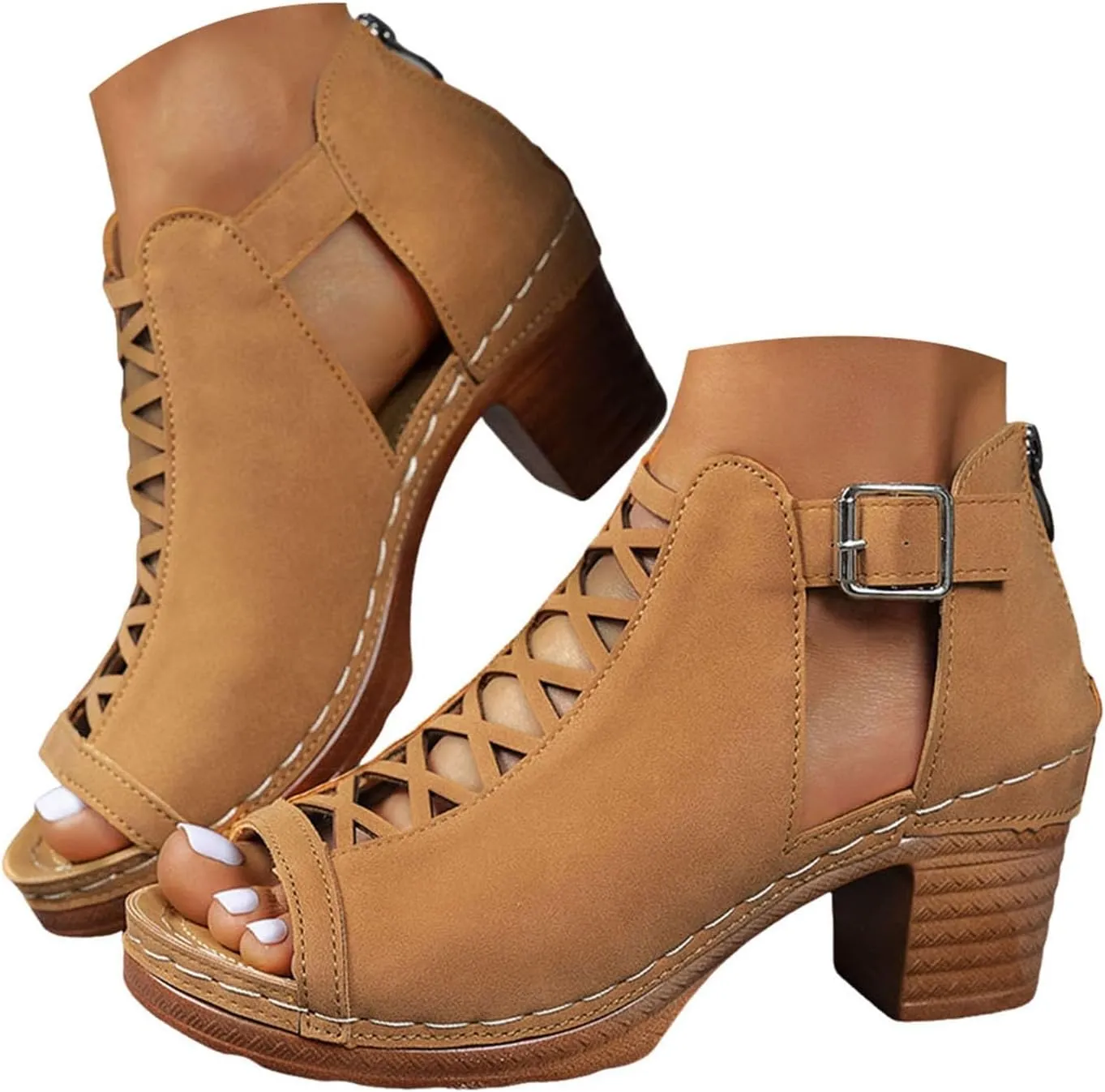 Summer Sandals for Women 2025 Trendy Dressy Fashion Open Toe Heel Sandal Chunky Heels Adjustable Straps Ankle Strap Zipper Back High Heel Sandals