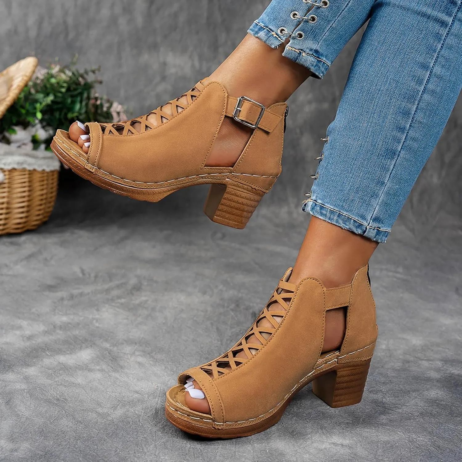 Summer Sandals for Women 2025 Trendy Dressy Fashion Open Toe Heel Sandal Chunky Heels Adjustable Straps Ankle Strap Zipper Back High Heel Sandals
