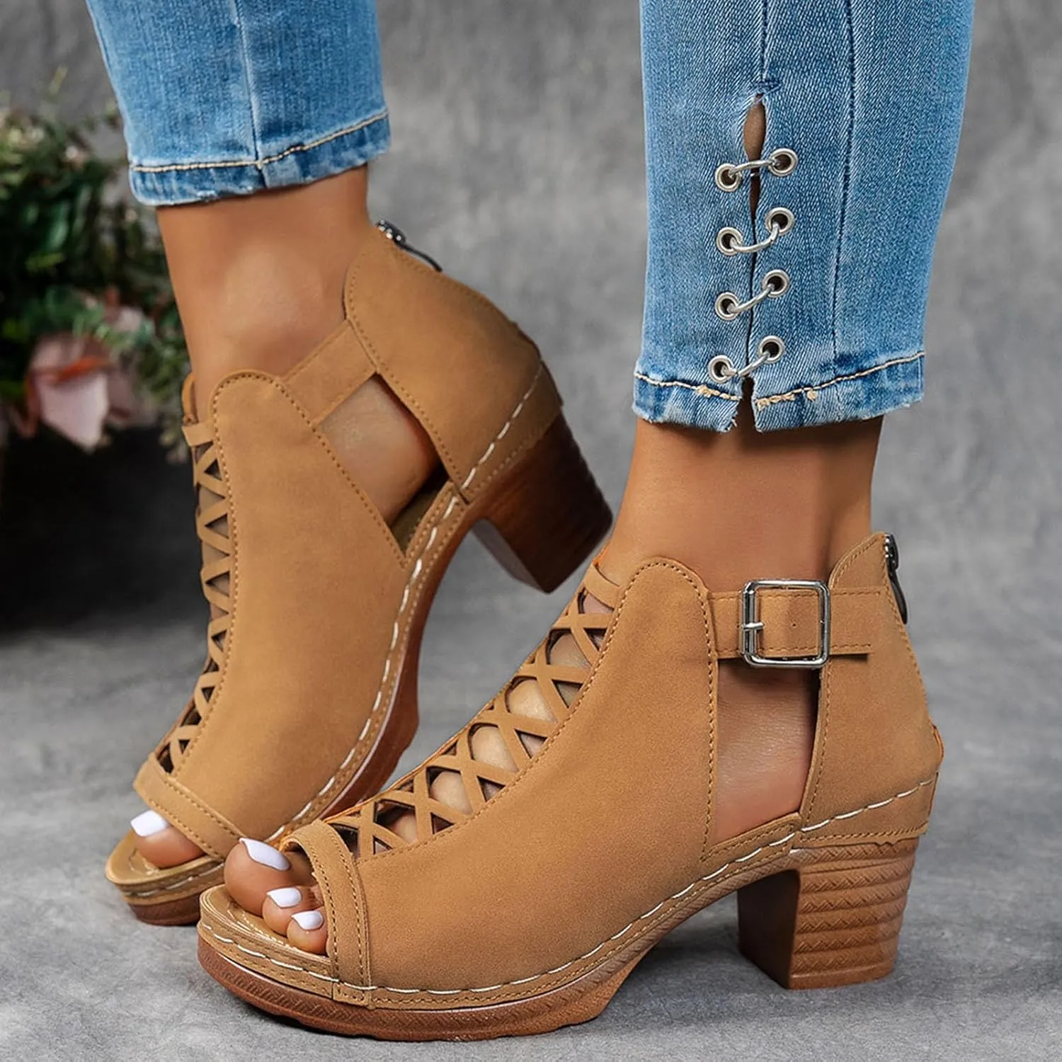 Summer Sandals for Women 2025 Trendy Dressy Fashion Open Toe Heel Sandal Chunky Heels Adjustable Straps Ankle Strap Zipper Back High Heel Sandals