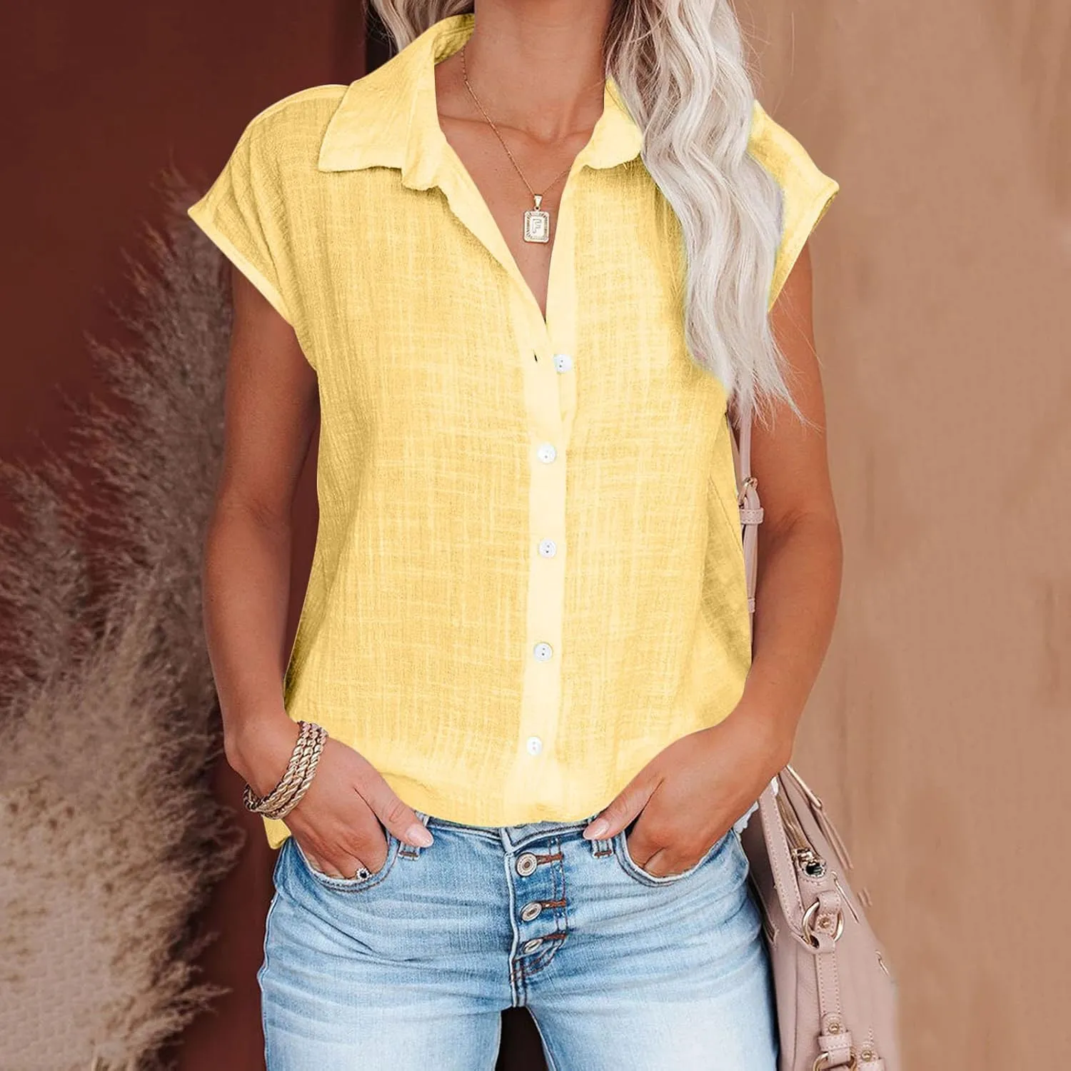 Summer Shirts for Women Trendy 2025 Cotton Linen Button Down Tops Casual Cap Sleeve Summer Blouses Work Clothes