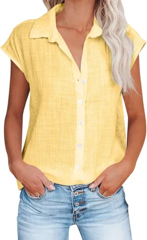 Summer Shirts for Women Trendy 2025 Cotton Linen Button Down Tops Casual Cap Sleeve Summer Blouses Work Clothes