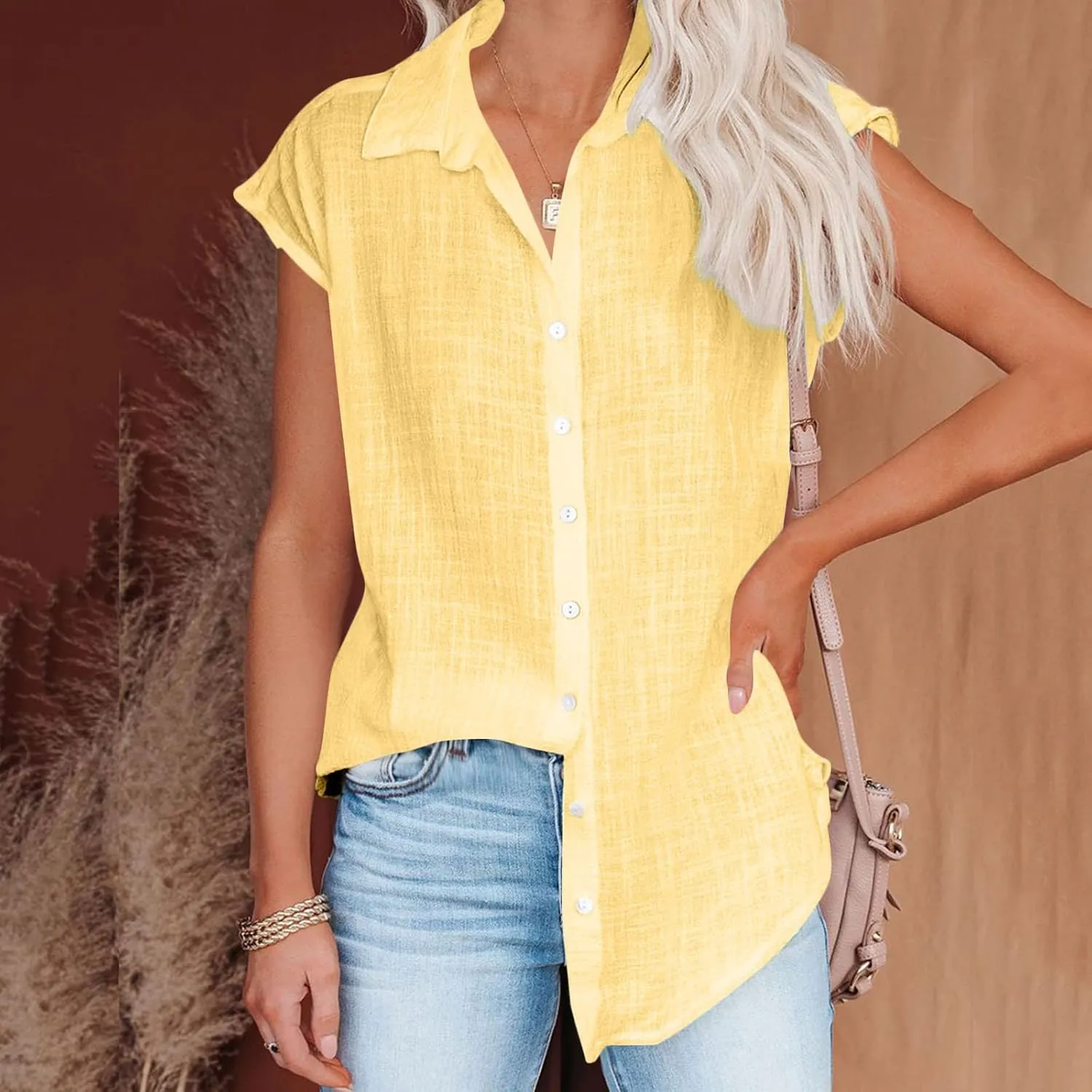 Summer Shirts for Women Trendy 2025 Cotton Linen Button Down Tops Casual Cap Sleeve Summer Blouses Work Clothes