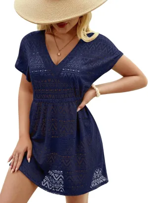 Summer Women's Crochet V Neck Elastic Waist Bathing Suit Coverup Sexy Hollow Out Short Sleeve Beach Dress