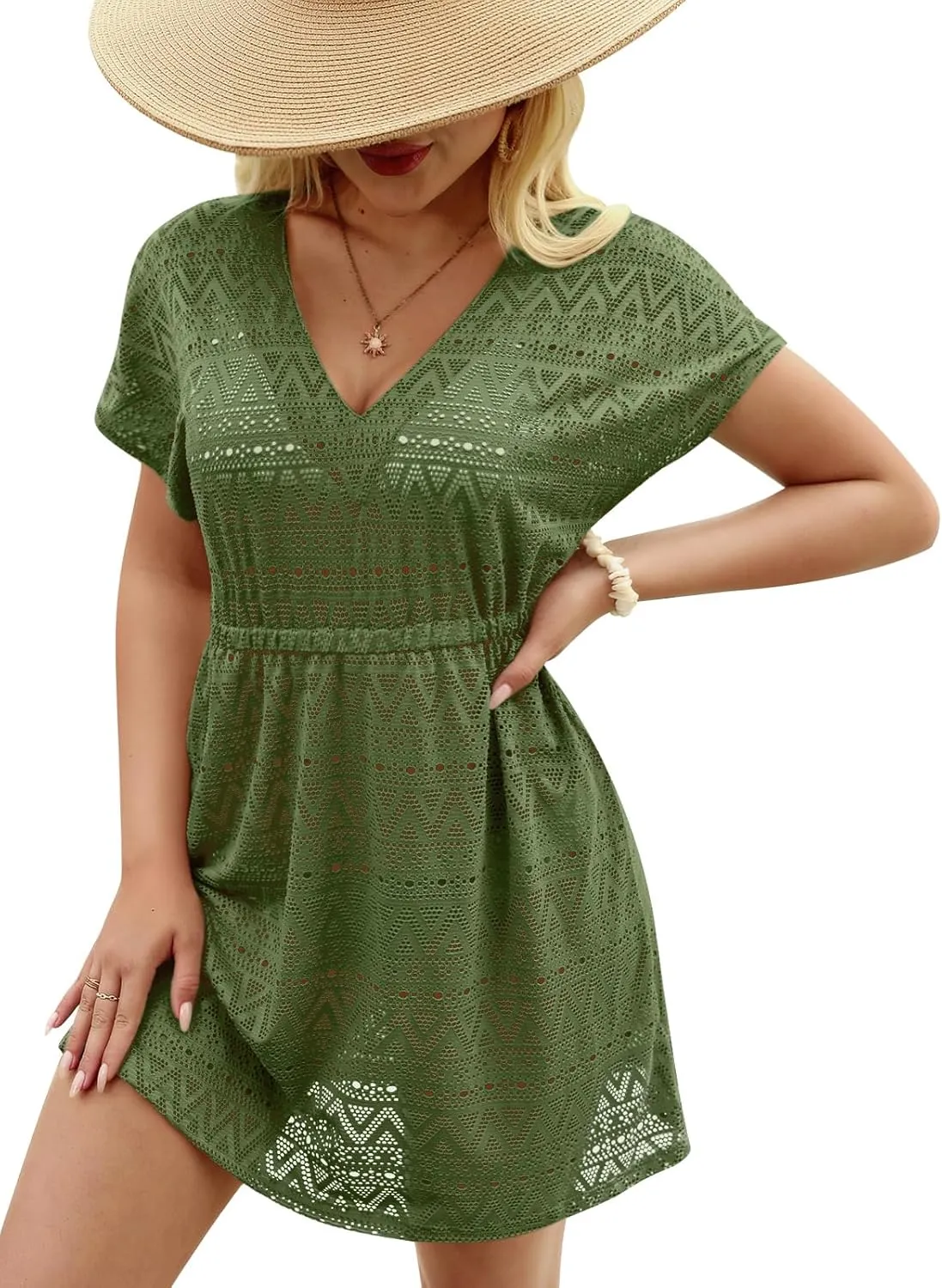 Summer Women's Crochet V Neck Elastic Waist Bathing Suit Coverup Sexy Hollow Out Short Sleeve Beach Dress