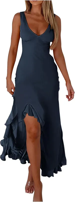 Sundresses for Women 2025 Slim Fit V Neck Sleeveless Maxi Dress Casual Ruffle Asymmetrical Slit Party Beach Dress
