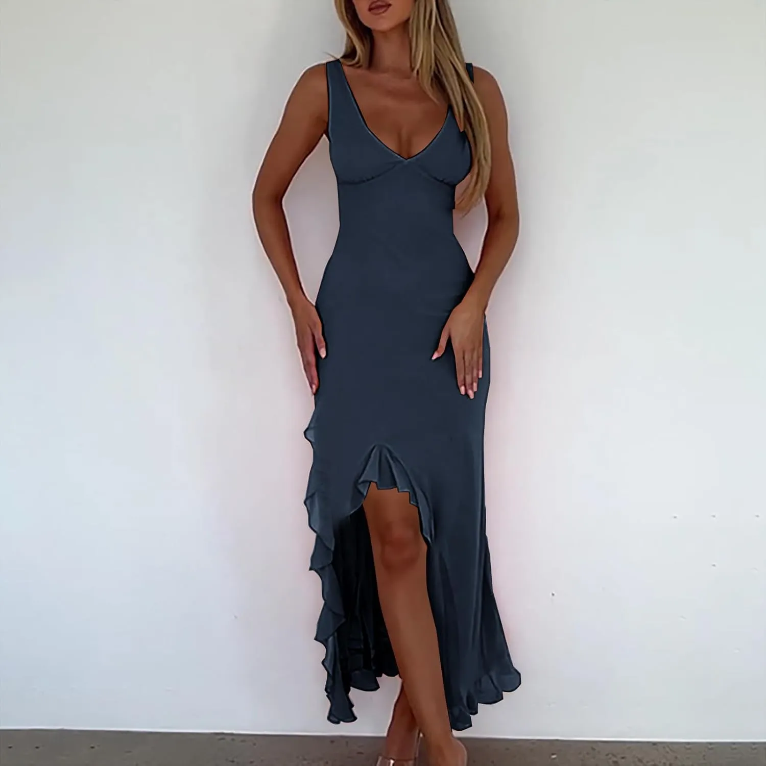 Sundresses for Women 2025 Slim Fit V Neck Sleeveless Maxi Dress Casual Ruffle Asymmetrical Slit Party Beach Dress