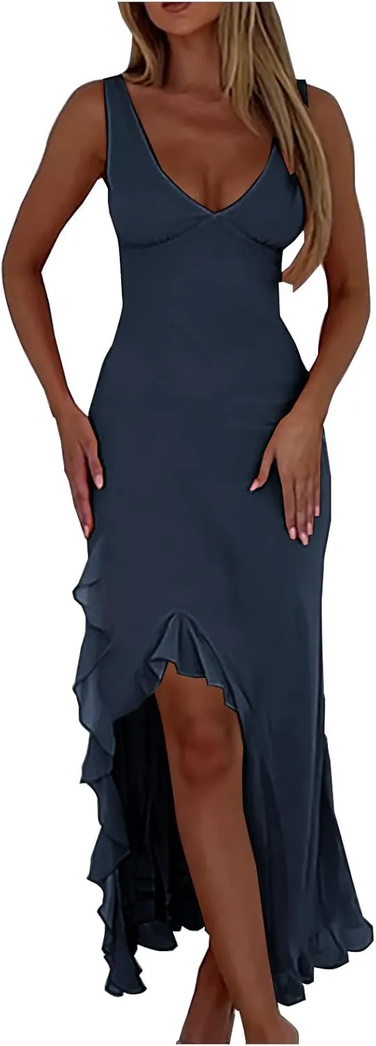 Sundresses for Women 2025 Slim Fit V Neck Sleeveless Maxi Dress Casual Ruffle Asymmetrical Slit Party Beach Dress