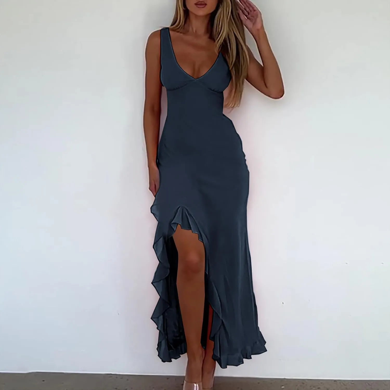 Sundresses for Women 2025 Slim Fit V Neck Sleeveless Maxi Dress Casual Ruffle Asymmetrical Slit Party Beach Dress