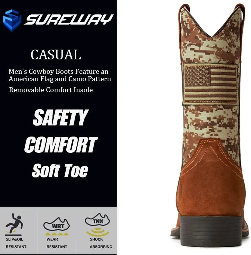 SUREWAY Cowboy Boots For Men - Mens Square Toe Western Boot With Flag,Oil/Slip Resistant,Durable Fashionable Classic Pull on Boots