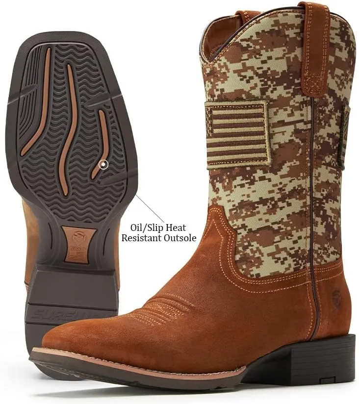 SUREWAY Cowboy Boots For Men - Mens Square Toe Western Boot With Flag,Oil/Slip Resistant,Durable Fashionable Classic Pull on Boots