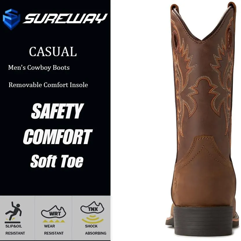 SUREWAY Western Boots For Men - Mens Square Toe Cowboy Boot,Oil/Slip Resistant,Durable Fashionable Classic Pull on 10 Inch Boots Mid Calf Wellington Boots
