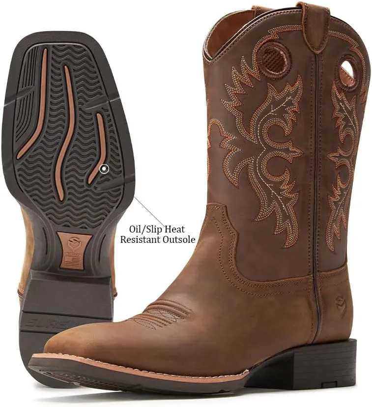 SUREWAY Western Boots For Men - Mens Square Toe Cowboy Boot,Oil/Slip Resistant,Durable Fashionable Classic Pull on 10 Inch Boots Mid Calf Wellington Boots