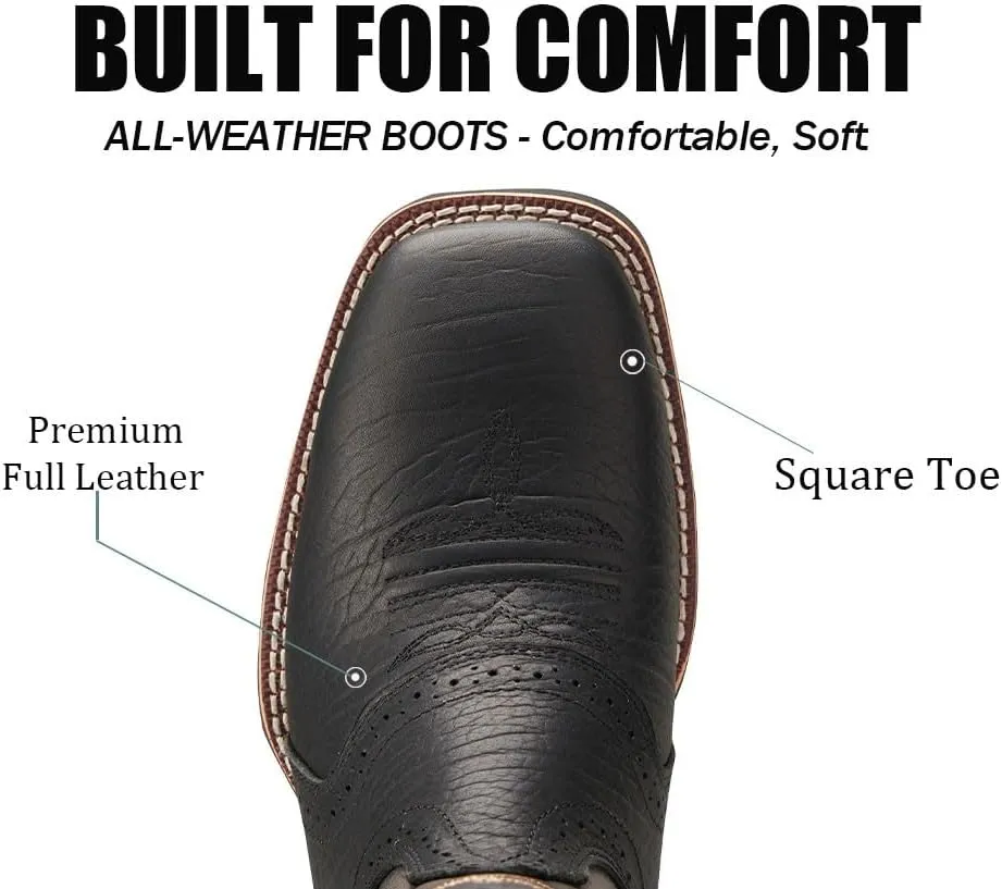 SUREWAY Western Boots For Men - Mens Square Toe Cowboy Boot,Oil/Slip Resistant,Durable Fashionable Classic Pull on 10 Inch Wellington Boots - Soft Toe Work Boots