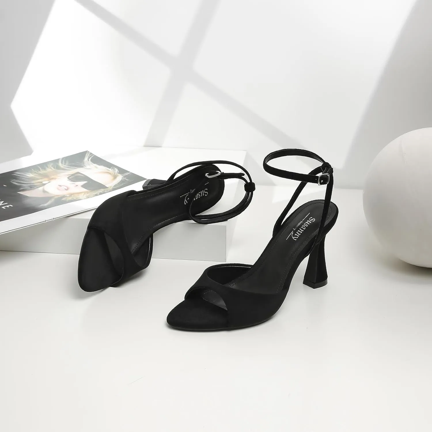 Susanny High Heels for Women Pointed Open Toe Strappy Chunky Block Heels Ankle Strap Stiletto Kitten Heeled Sandals Wedding Bridal Party Prom Sexy Dress Shoes