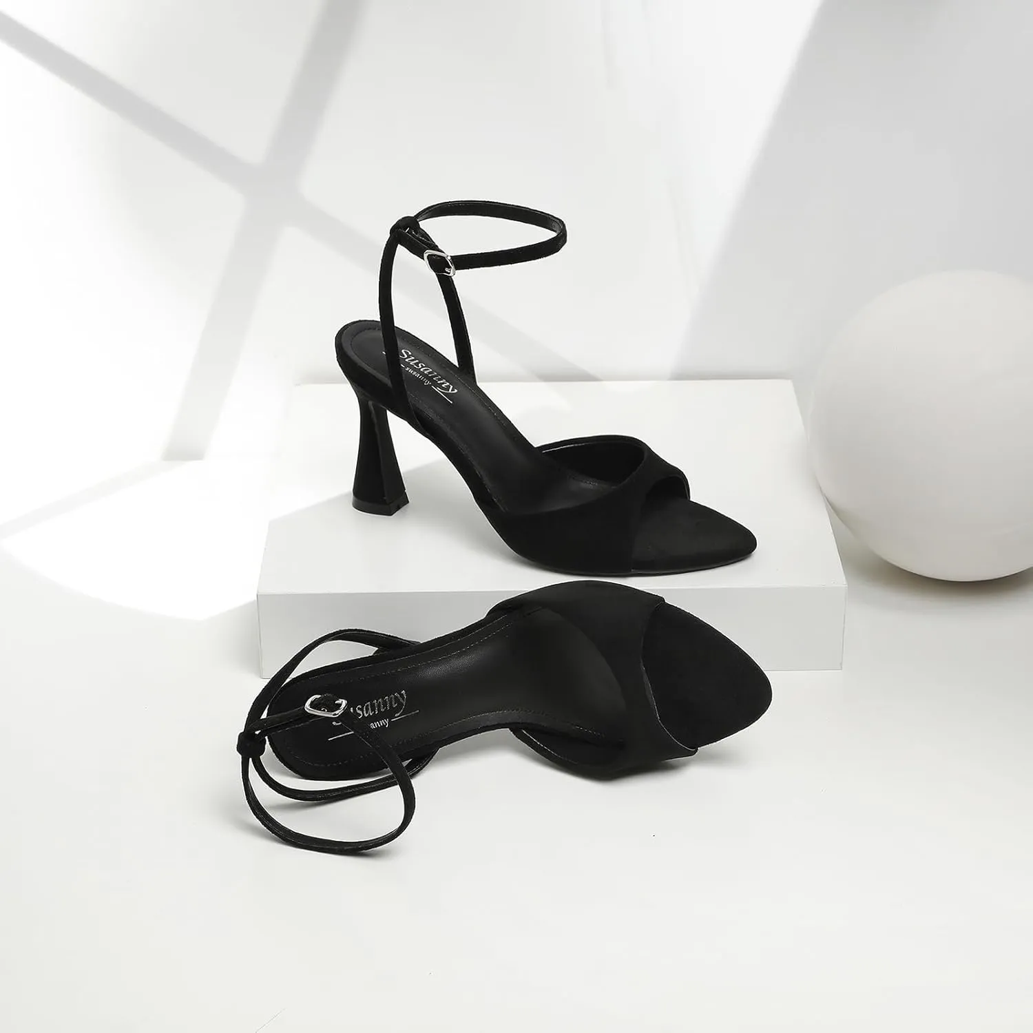 Susanny High Heels for Women Pointed Open Toe Strappy Chunky Block Heels Ankle Strap Stiletto Kitten Heeled Sandals Wedding Bridal Party Prom Sexy Dress Shoes