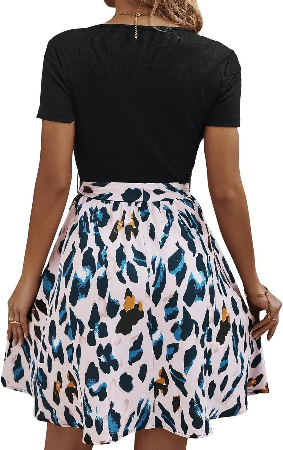 SweatyRocks Women's Graphic Short Sleeve Belted Mini Dress A Line Flared Skater Dresses