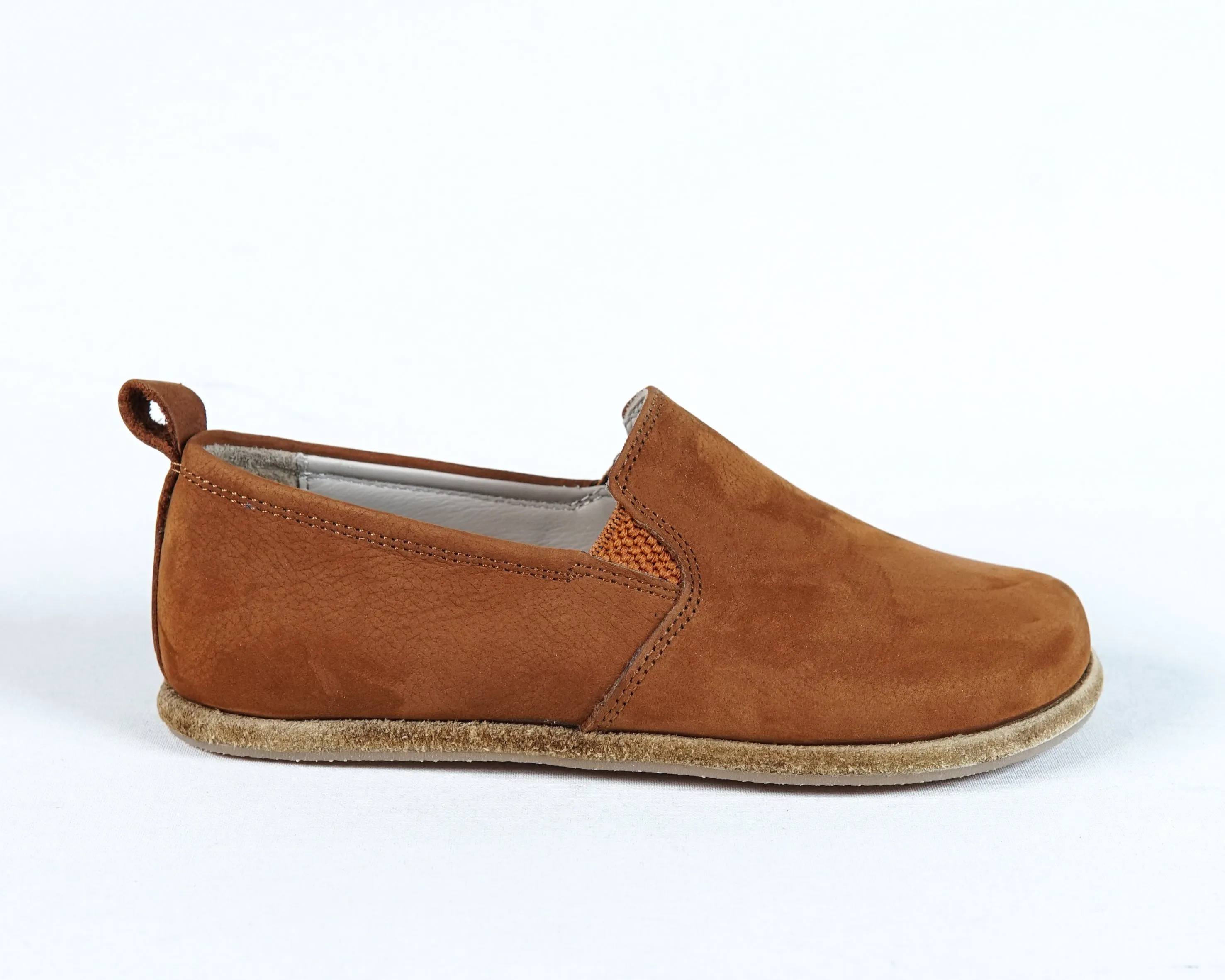 Tan Kids Slip-On Wide Barefoot Shoes Nubuck Leather Handmade Leather & Rubber Sole