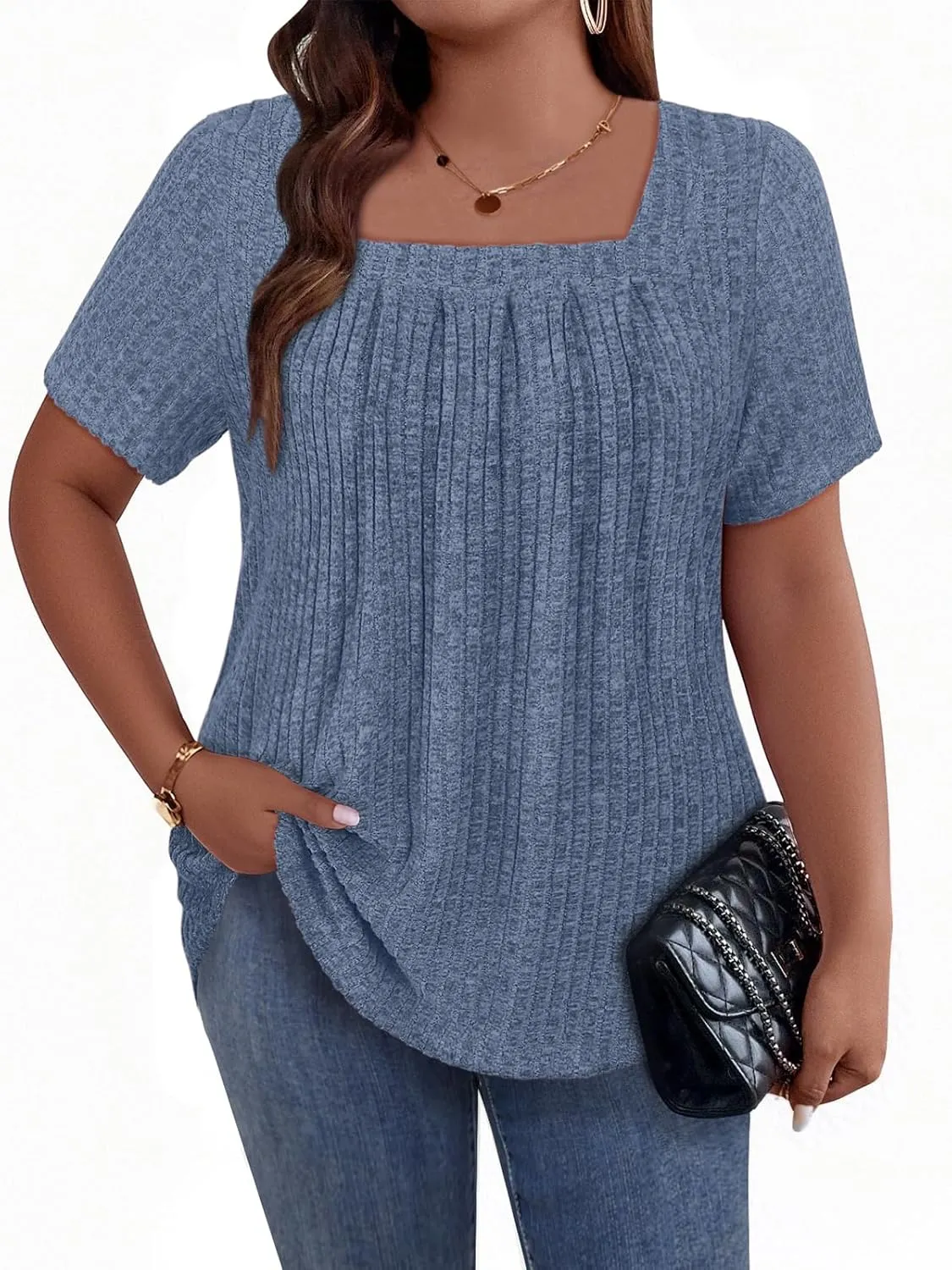 Tanst Sky Women's Plus Size Casual Tunic Tops Square Neck Short Sleeve Shirts Lightweight Pleated Blouses XL-5XL
