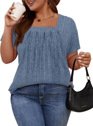 Tanst Sky Women's Plus Size Casual Tunic Tops Square Neck Short Sleeve Shirts Lightweight Pleated Blouses XL-5XL