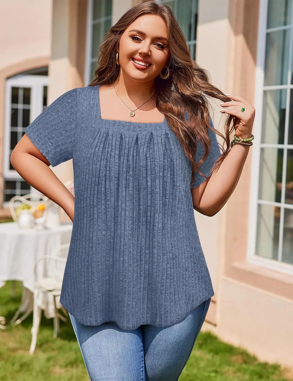 Tanst Sky Women's Plus Size Casual Tunic Tops Square Neck Short Sleeve Shirts Lightweight Pleated Blouses XL-5XL