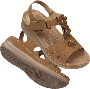 TEMOFON Wedge Sandals for Women: Comfortable Summer Open Toe Sandals - Dressy Casual Flat Sandals - Brown Size 8