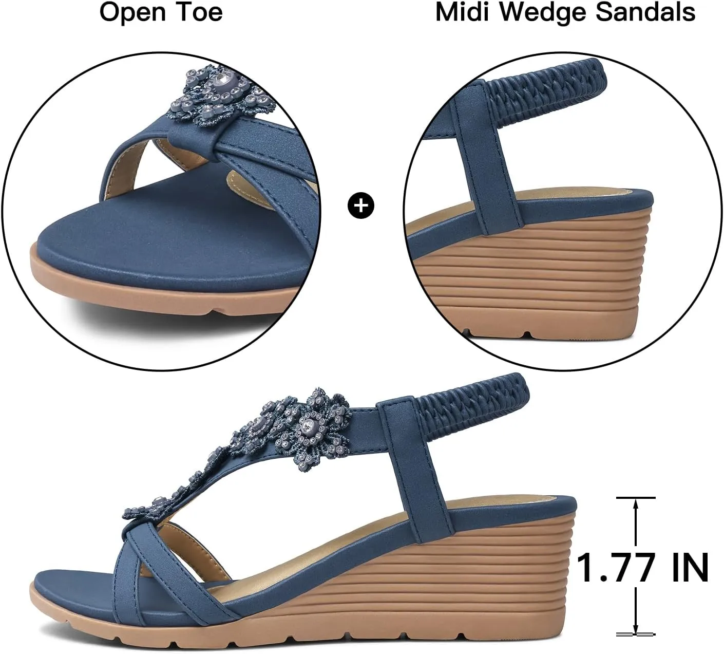 TEMOFON Women's Low Wedge Heels Summer Dressy Platform Sandals Elastic Ankle Strap Open Toe Flower Shoes