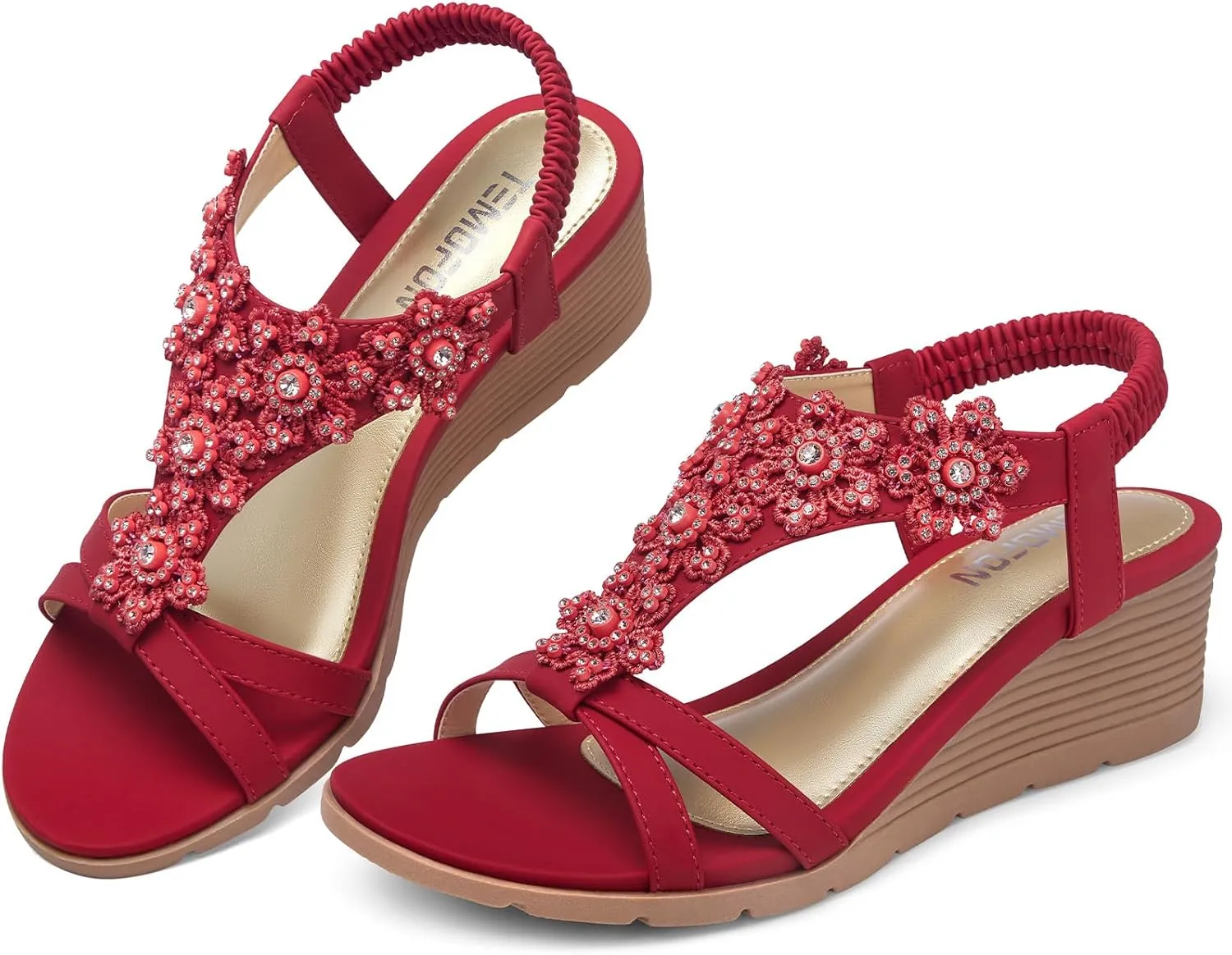 TEMOFON Women's Low Wedge Heels Summer Dressy Platform Sandals Elastic Ankle Strap Open Toe Flower Shoes