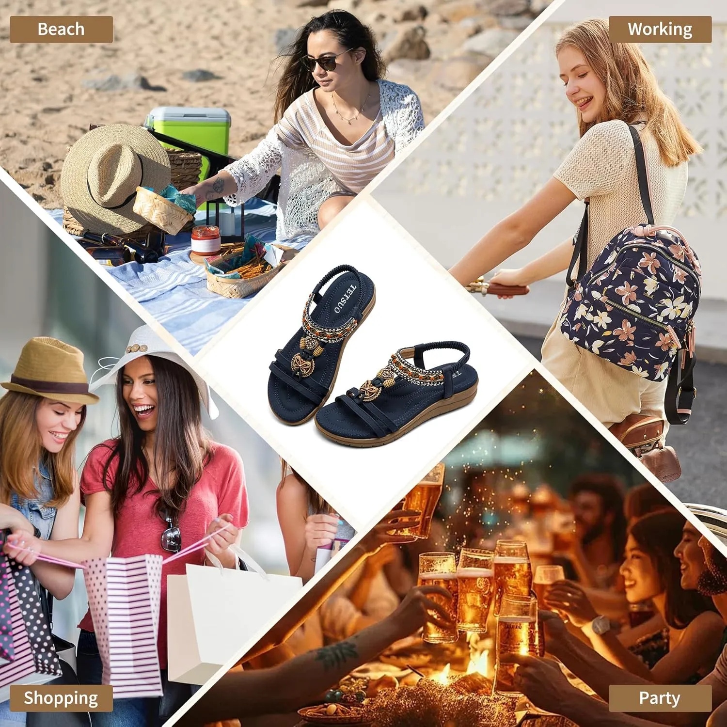TETSUO Women Sandals Walking Flats Summer Beach Sandals Arch Support Casual Dressy Shoes for Women Elastic Ankle Strap Jeweled Bohemian Shoes