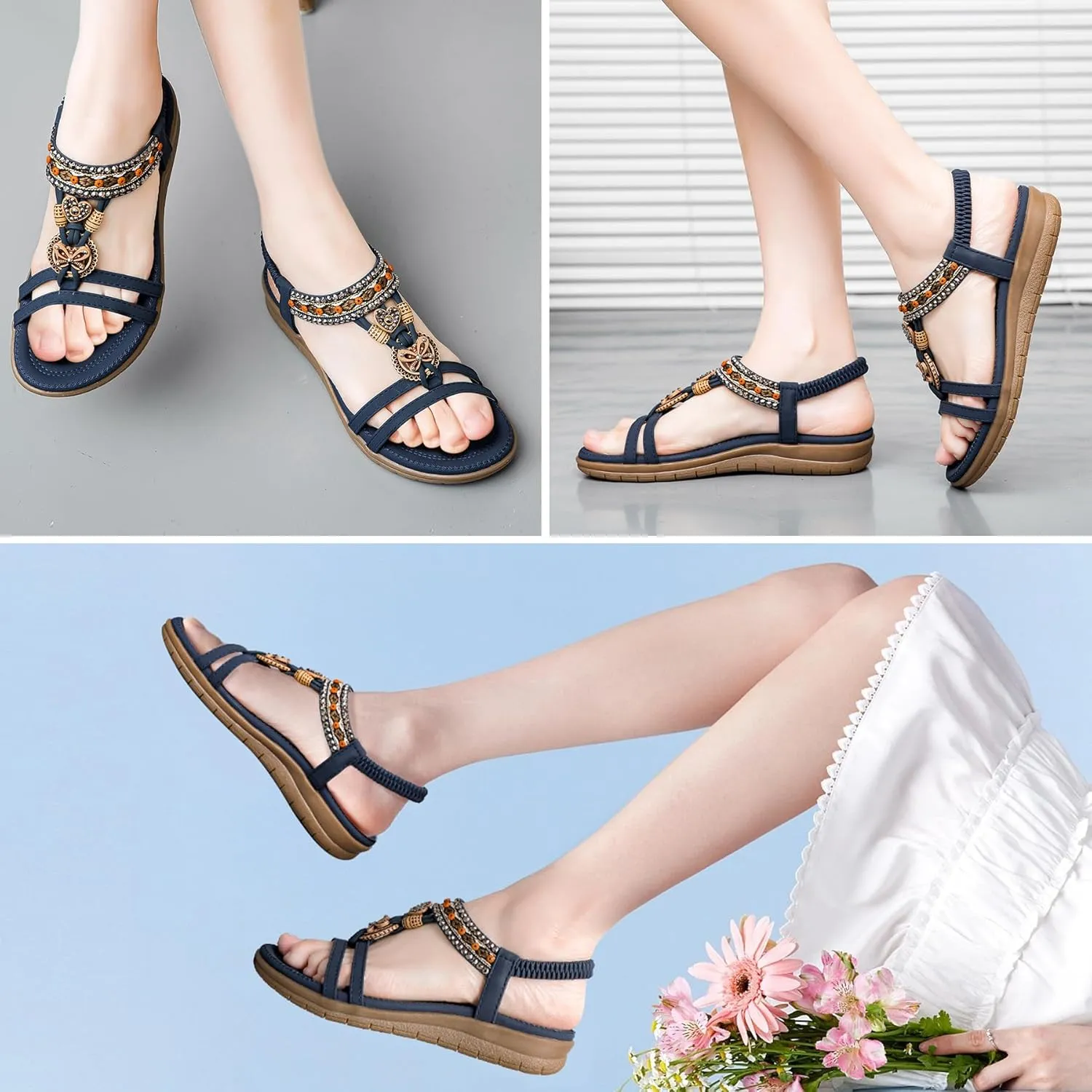 TETSUO Women Sandals Walking Flats Summer Beach Sandals Arch Support Casual Dressy Shoes for Women Elastic Ankle Strap Jeweled Bohemian Shoes