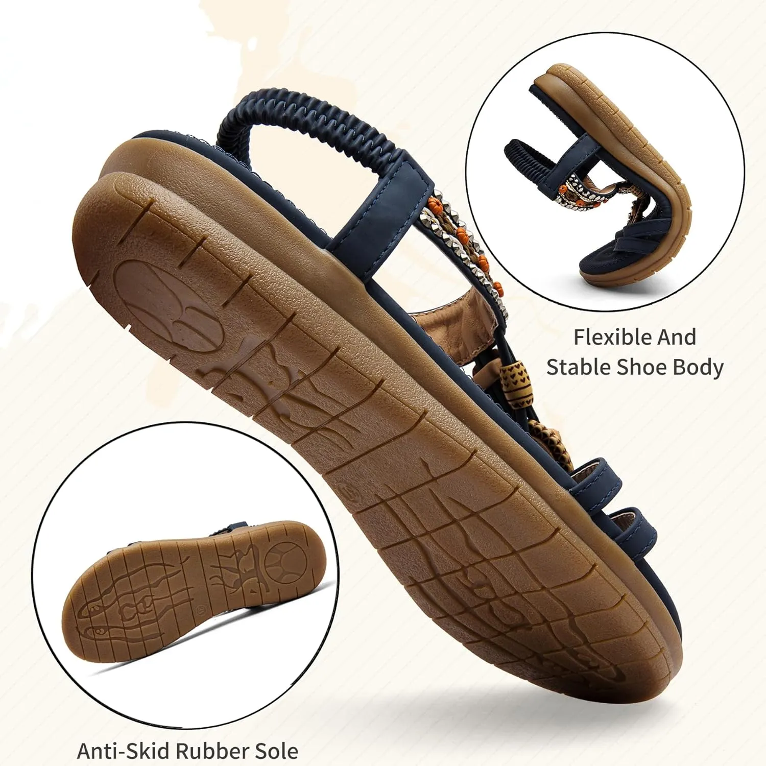 TETSUO Women Sandals Walking Flats Summer Beach Sandals Arch Support Casual Dressy Shoes for Women Elastic Ankle Strap Jeweled Bohemian Shoes