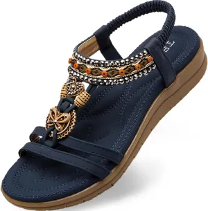 TETSUO Women Sandals Walking Flats Summer Beach Sandals Arch Support Casual Dressy Shoes for Women Elastic Ankle Strap Jeweled Bohemian Shoes