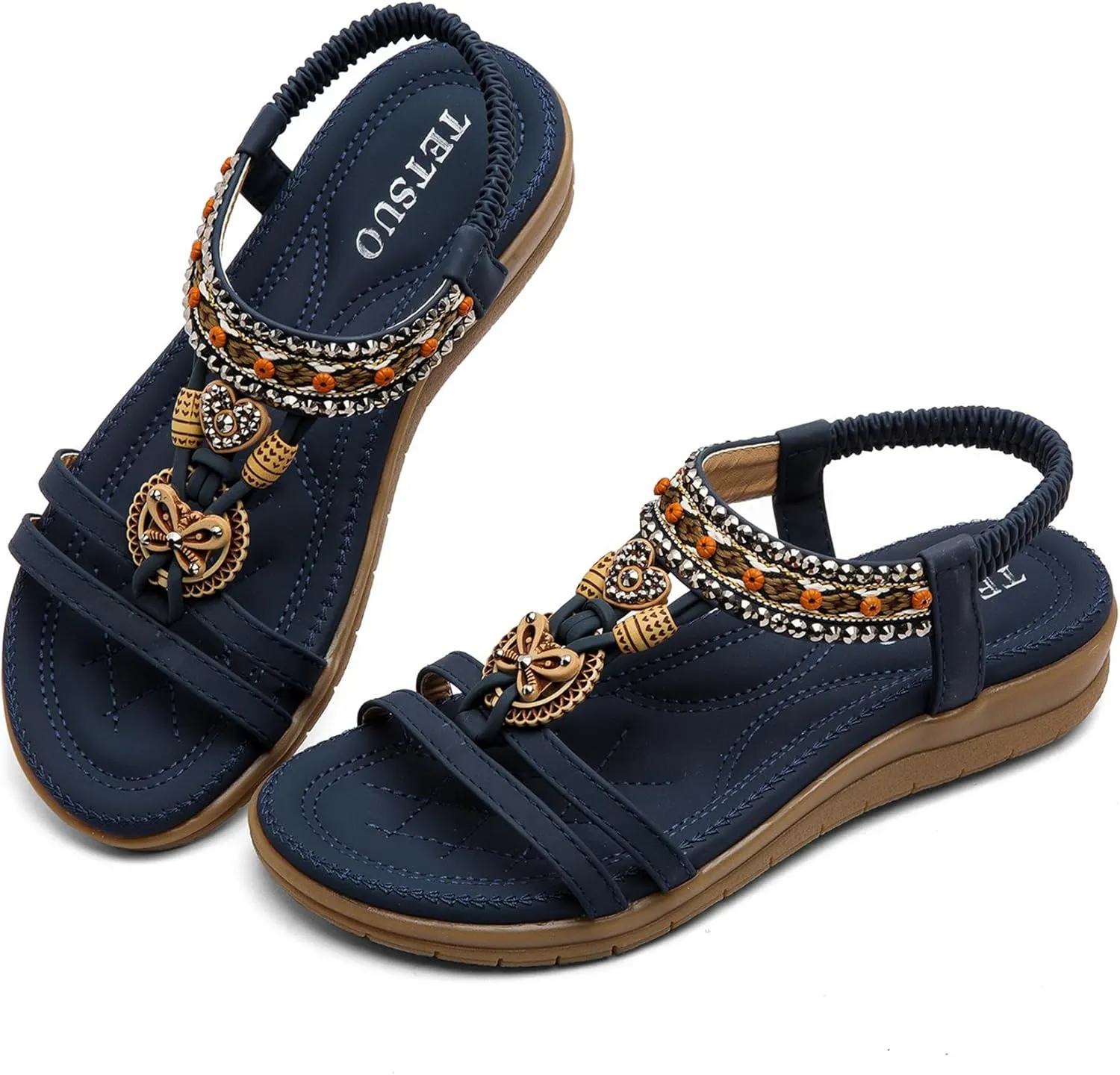 TETSUO Women Sandals Walking Flats Summer Beach Sandals Arch Support Casual Dressy Shoes for Women Elastic Ankle Strap Jeweled Bohemian Shoes
