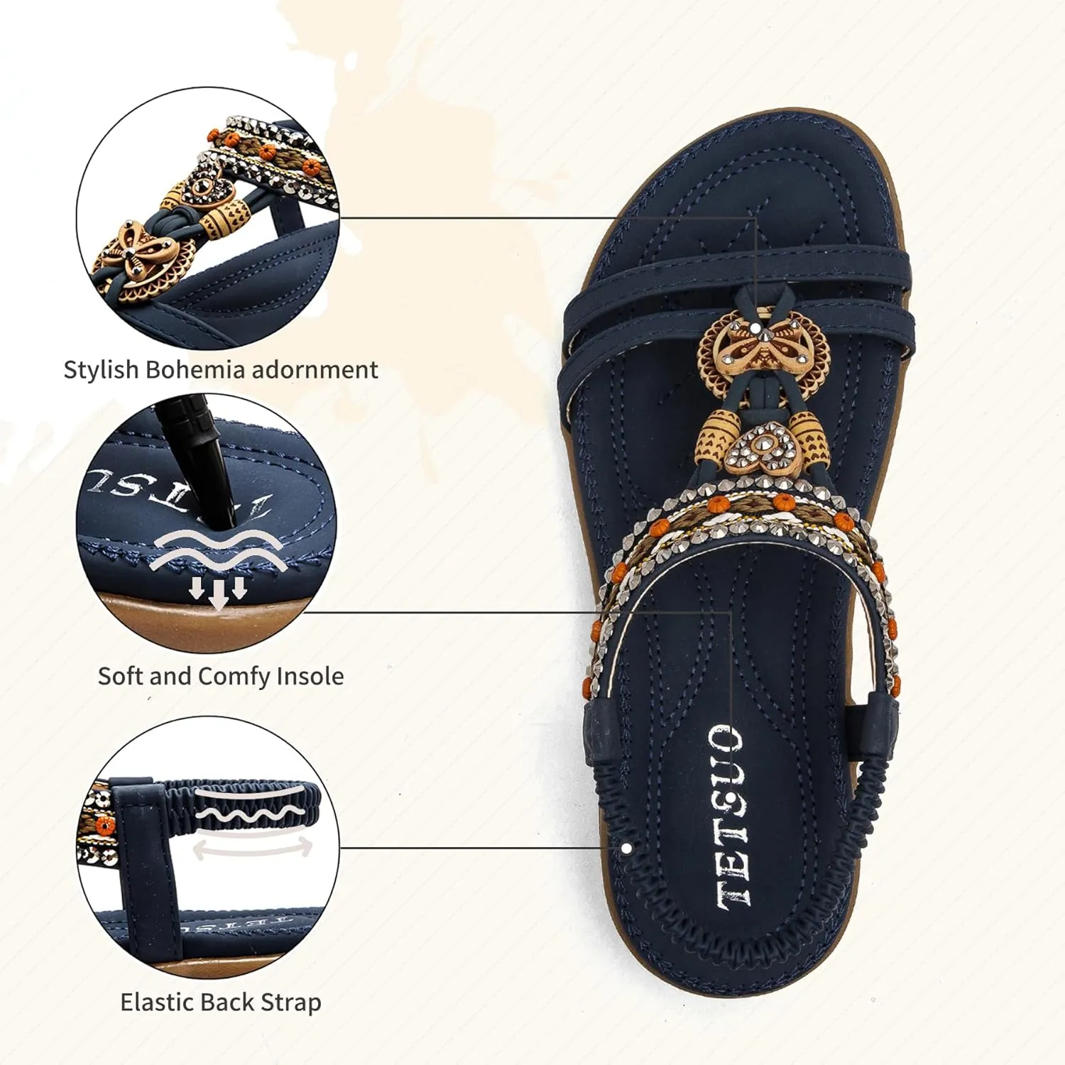 TETSUO Women Sandals Walking Flats Summer Beach Sandals Arch Support Casual Dressy Shoes for Women Elastic Ankle Strap Jeweled Bohemian Shoes