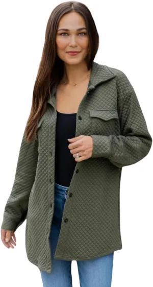 Tickled Teal Women Quilted Shacket Casual Lightweight Long Sleeve Jacket Button Down with Pockets