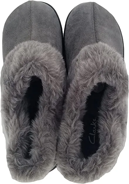Time-saving Suede Toe Faux Ankle Slippers Clarks Lined Grey Repeat buyers Fur Rounded Leather Comfortable