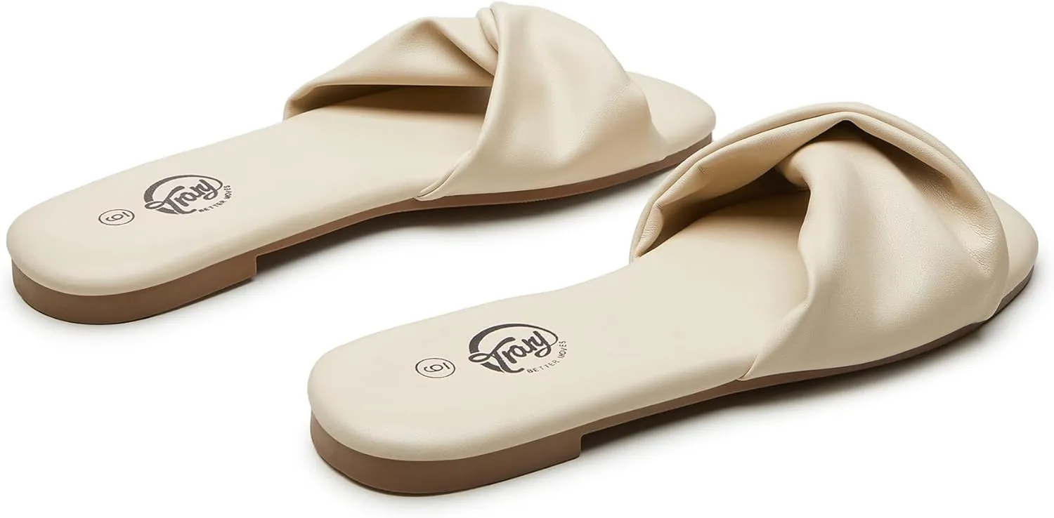 Trary Sandals Women,Leather Slides Women Comfortable Memory Foam Sandals for Women Footwear,Fashion Flat Summer Sandals for Women 2025