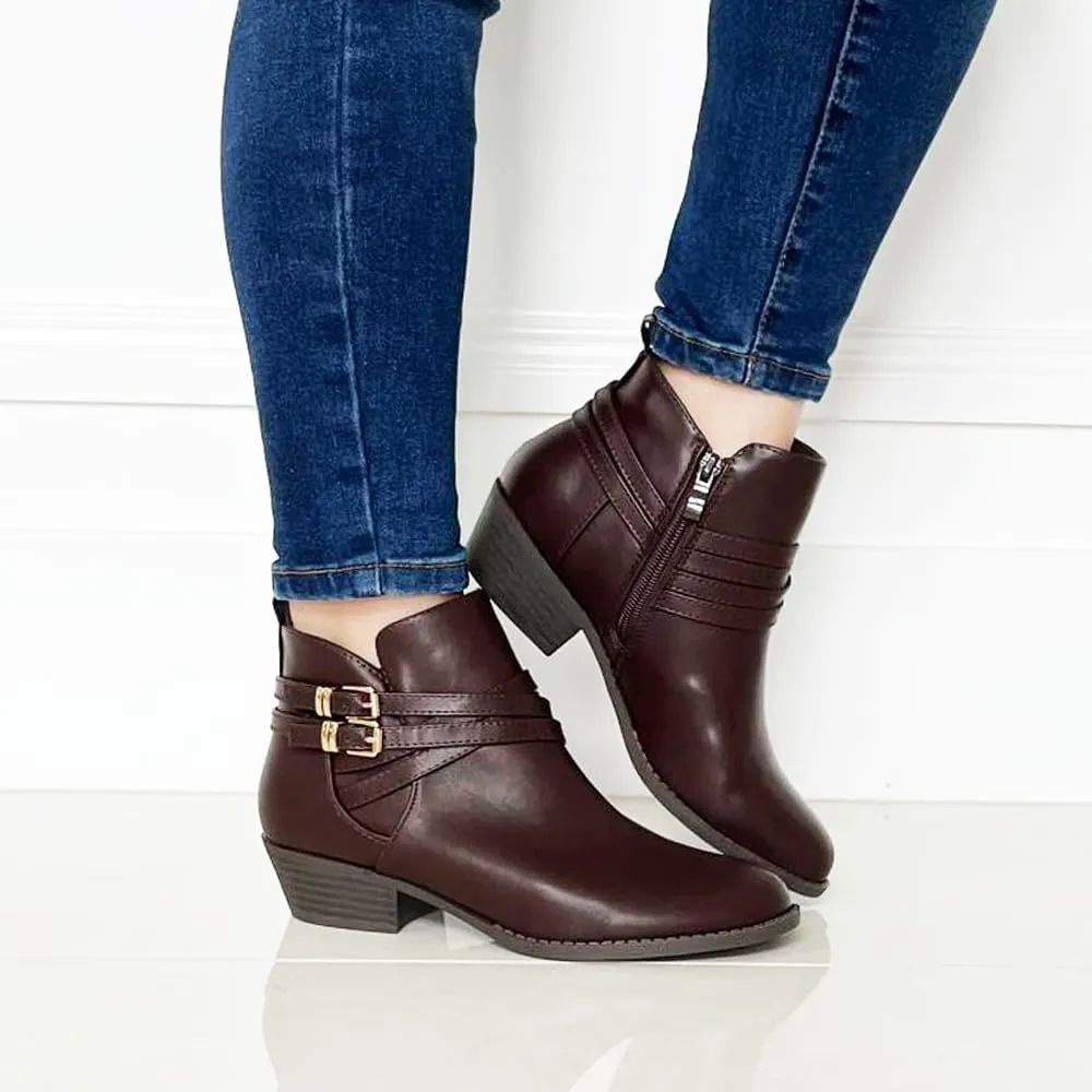 TRENDSUP Low Stacked Heel Casual Western Ankle Boots, Women