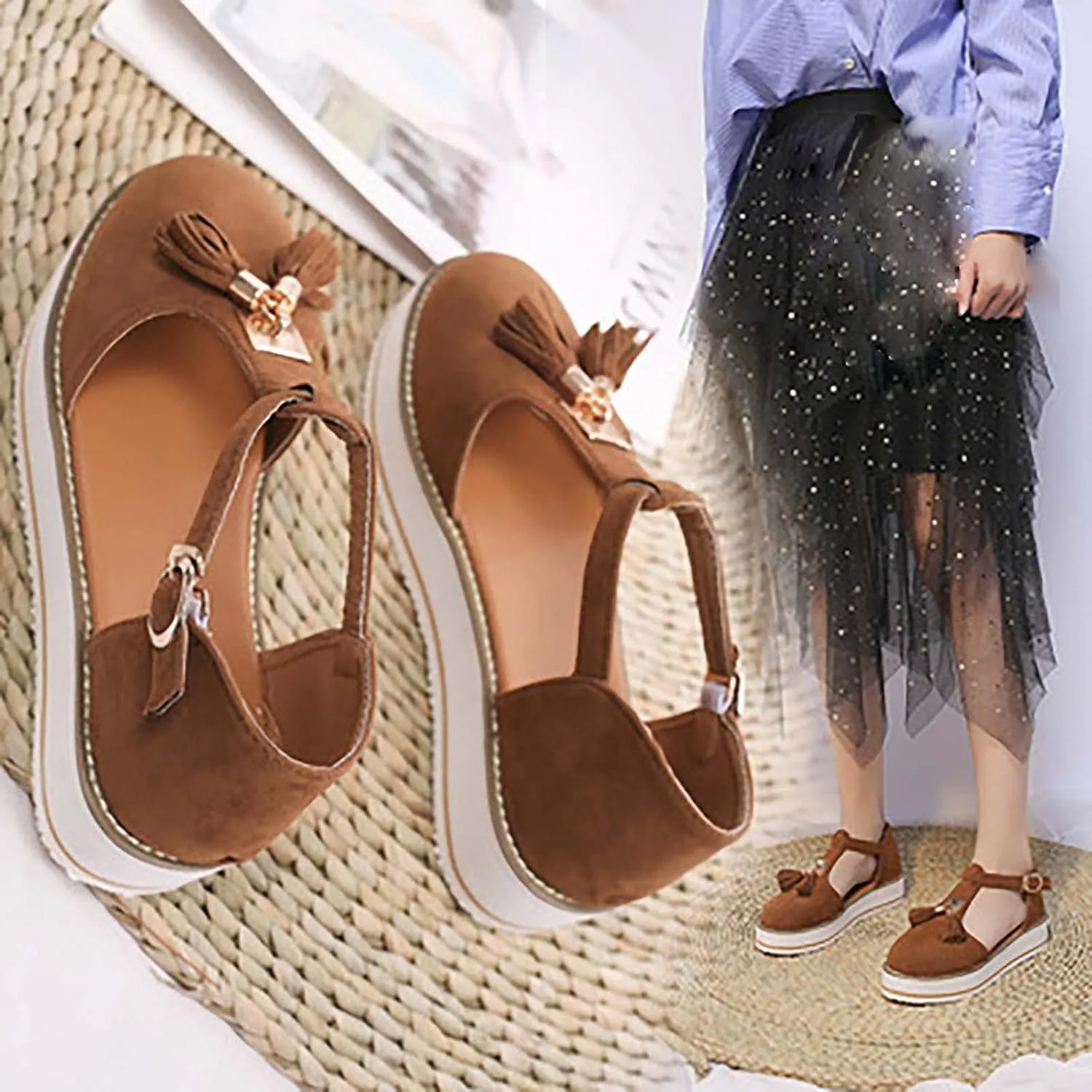 Trendy Platform Sandals with Tassels Casual Closed-Toes Ankle Strap Sandal Walking Shoes Comfortable Summer Look