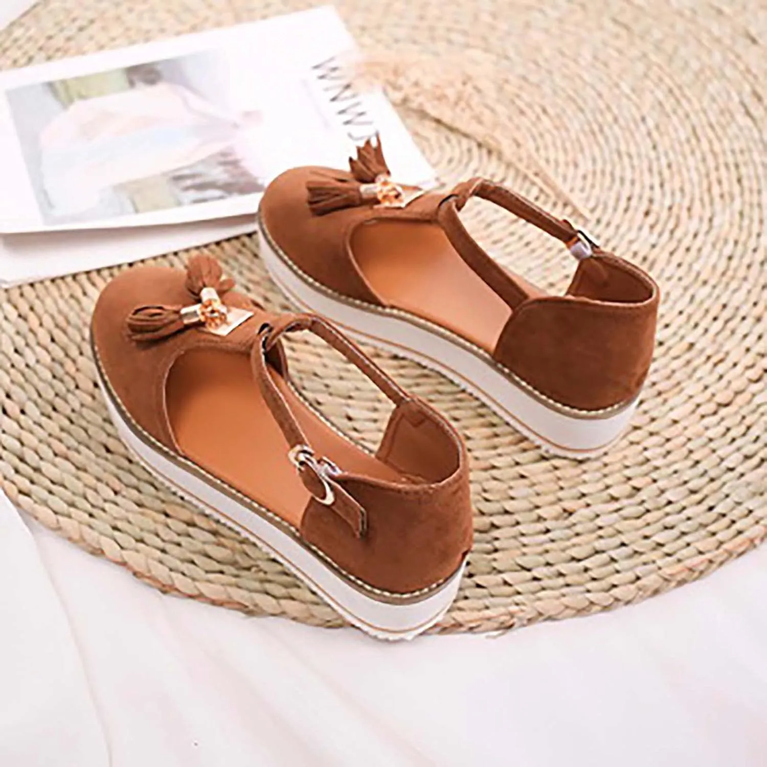 Trendy Platform Sandals with Tassels Casual Closed-Toes Ankle Strap Sandal Walking Shoes Comfortable Summer Look