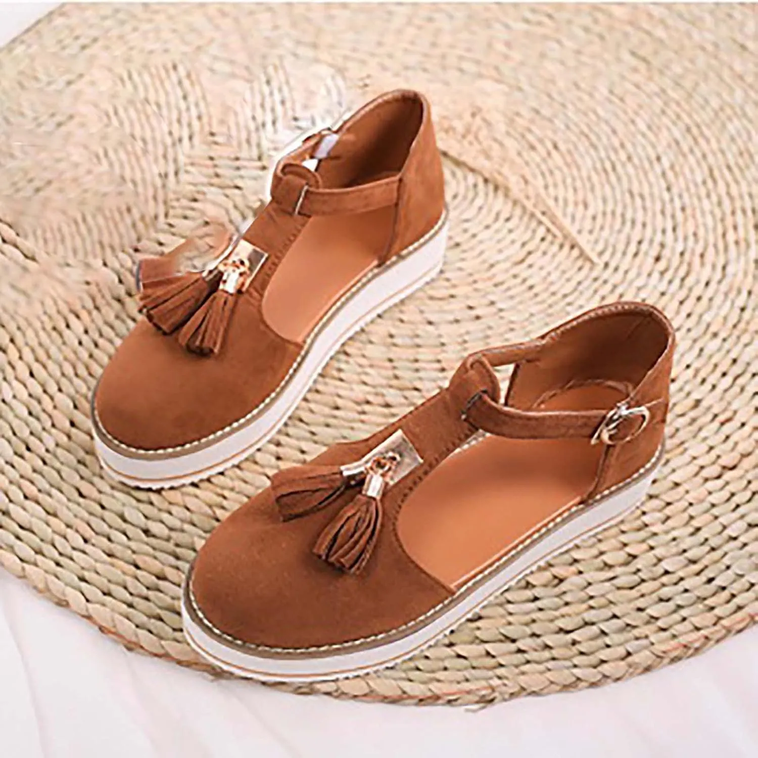 Trendy Platform Sandals with Tassels Casual Closed-Toes Ankle Strap Sandal Walking Shoes Comfortable Summer Look